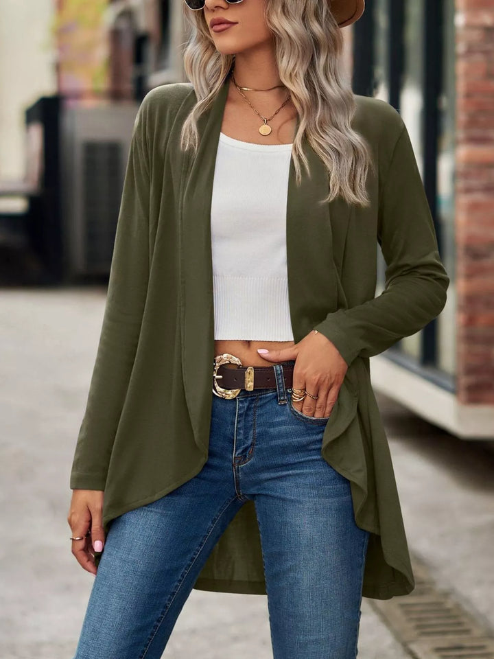 Olive green open front cardigan, front view with belted jeans
