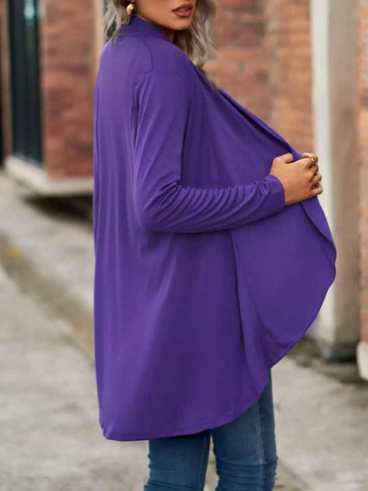 Side view of the purple waterfall cardigan draping softly at the front