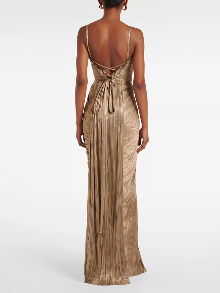 Gold maxi dress back view showing the metallic sheen