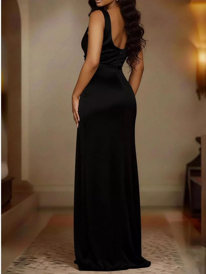 Black maxi dress back view showing the satin-look sheen
