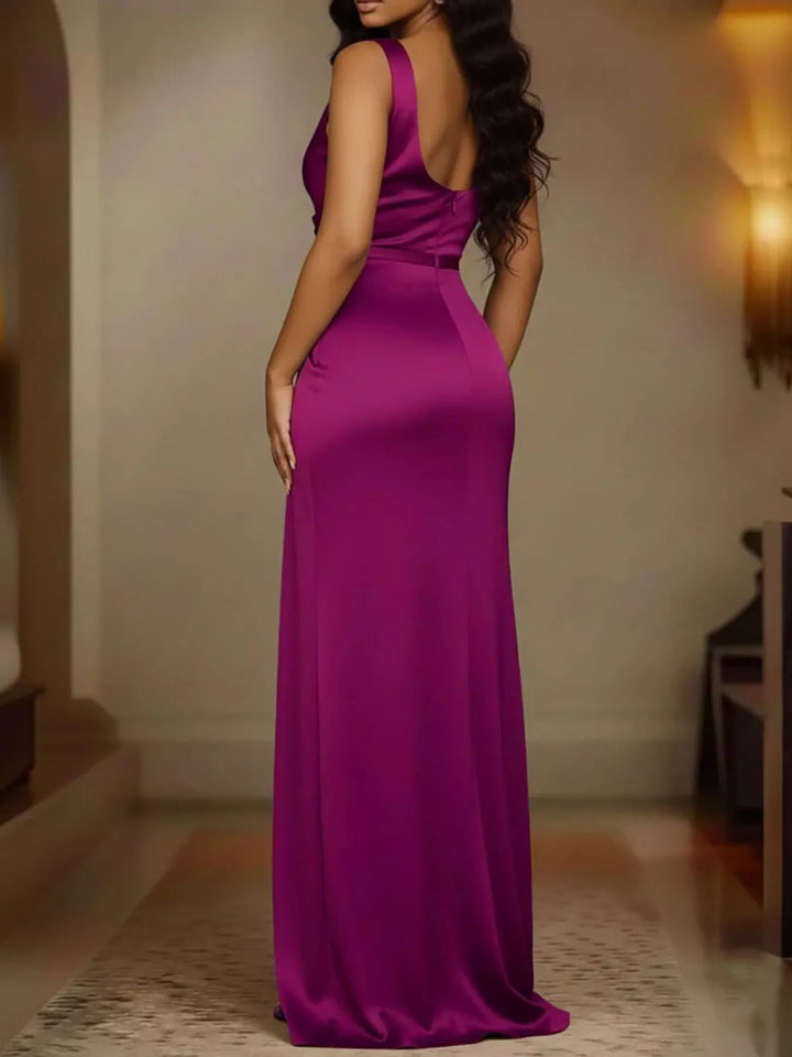 Purple maxi dress back view showing the satin-look sheen