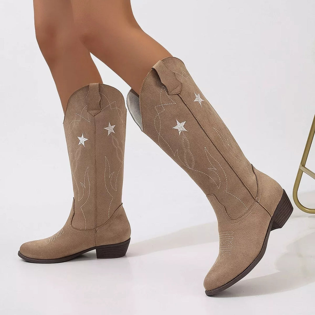 Taupe mid calf pull on western boots with star embroidery