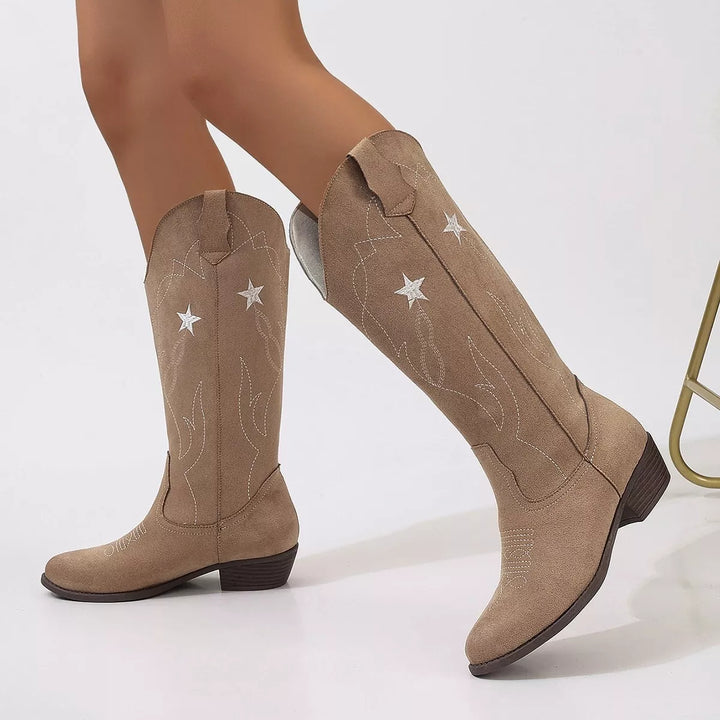 Taupe mid calf pull on western boots with star embroidery