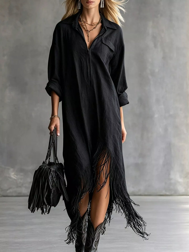 Black shirt dress front view with zip front
