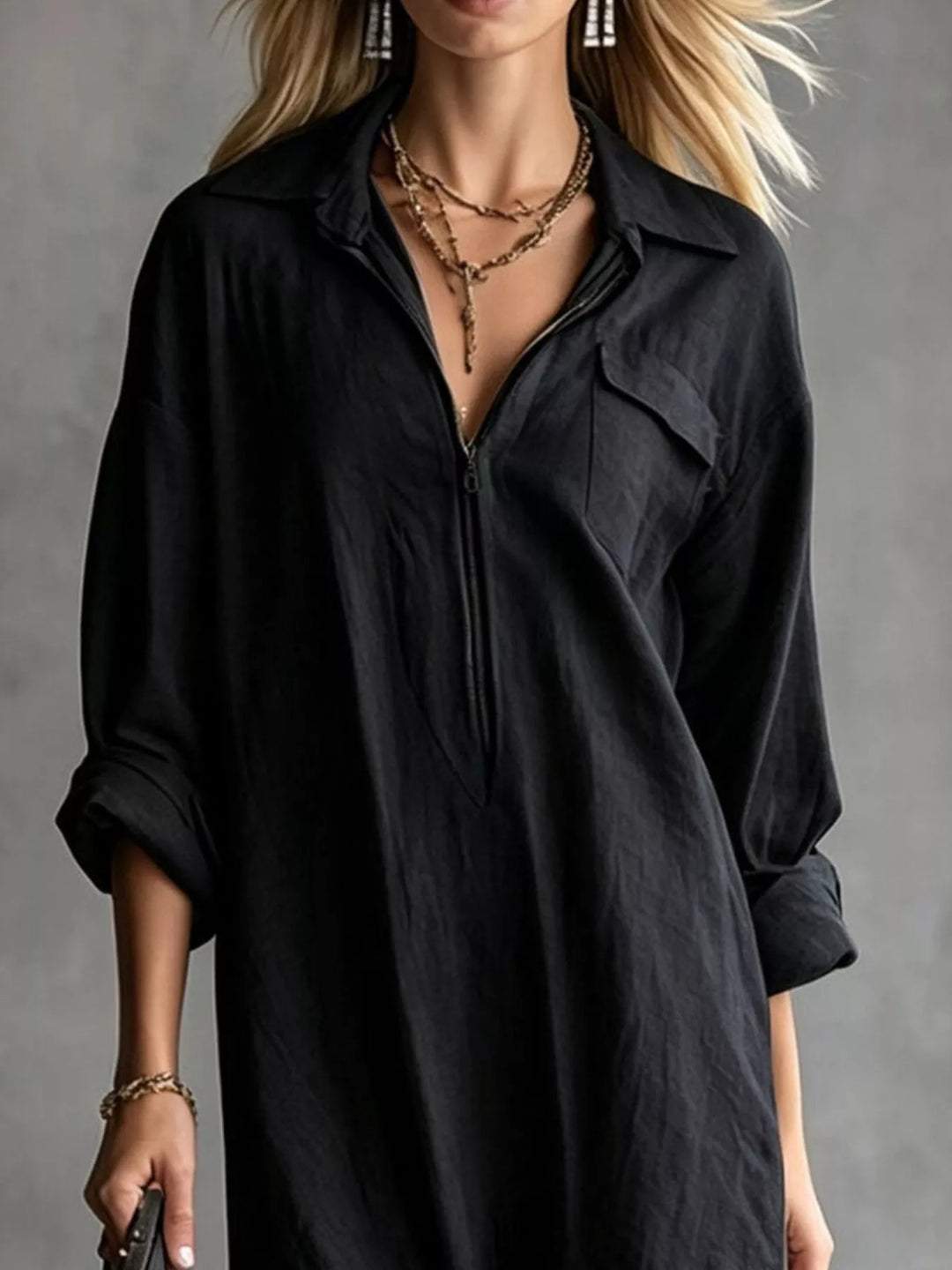 Black shirt dress worn on a model, showing the zip front