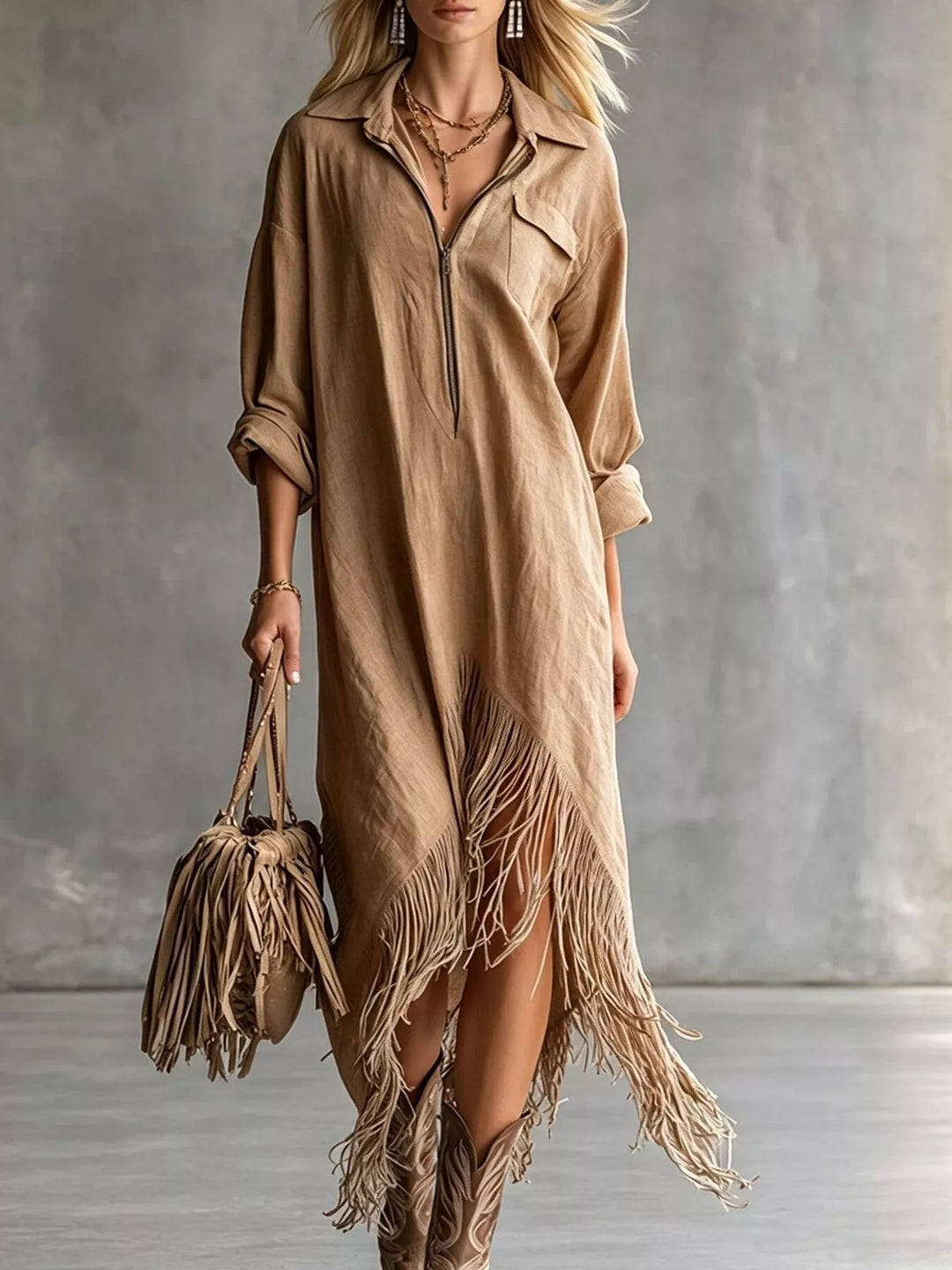 Camel shirt dress front view with zip front