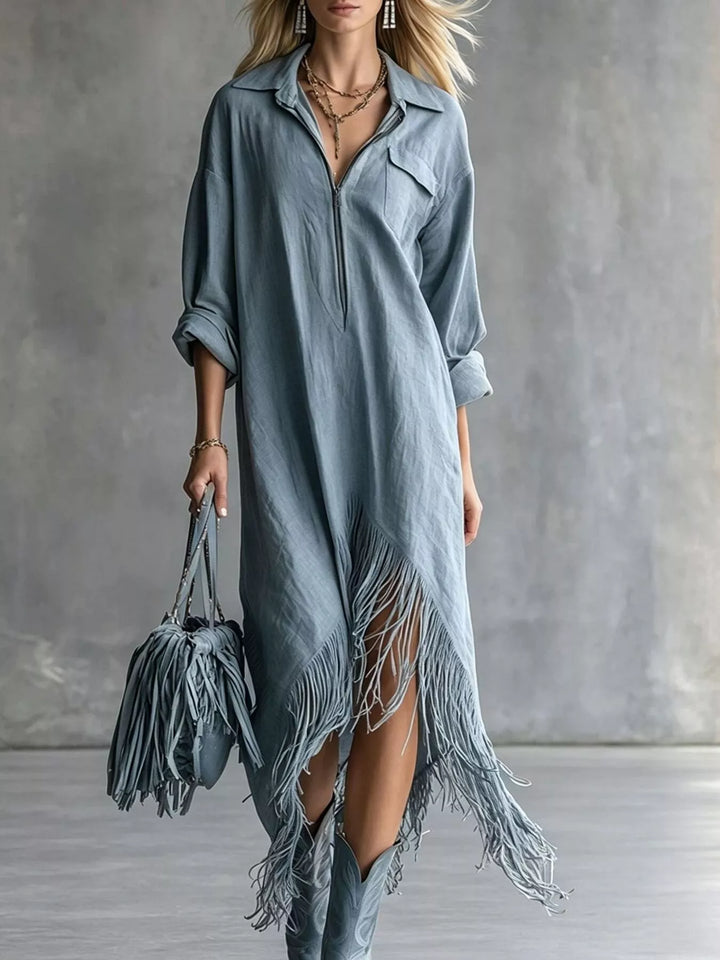 Dusty blue shirt dress front view with zip front