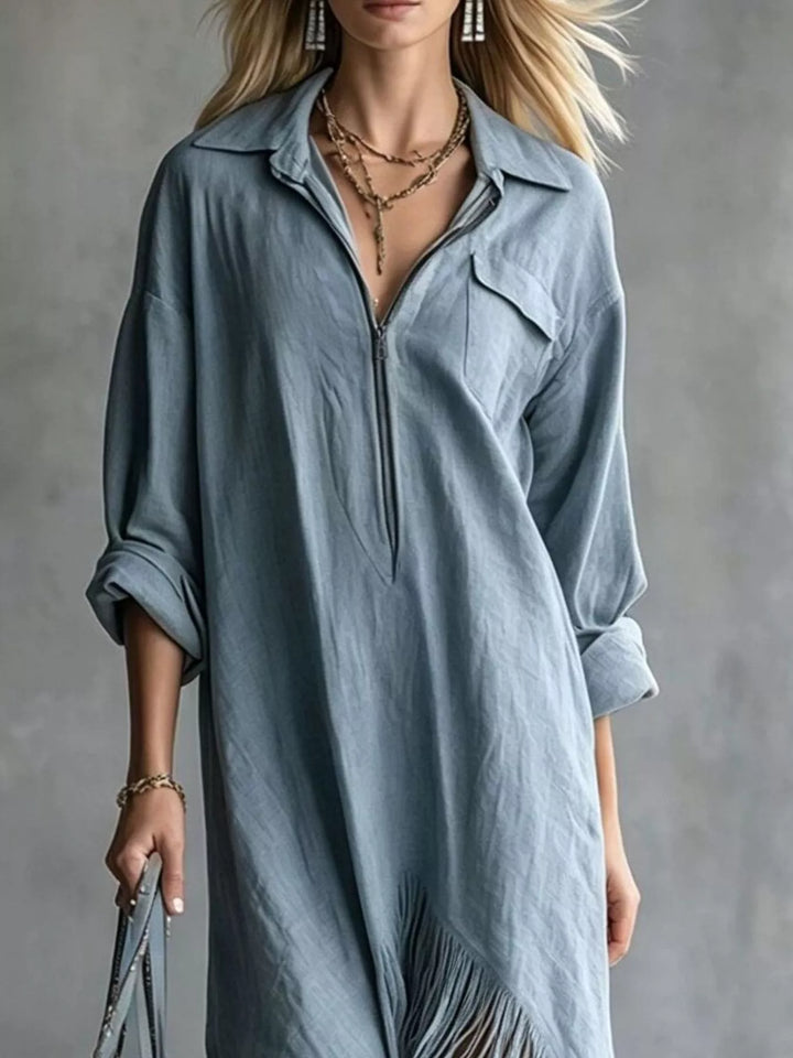 Dusty blue shirt dress worn on a model, showing the zip front