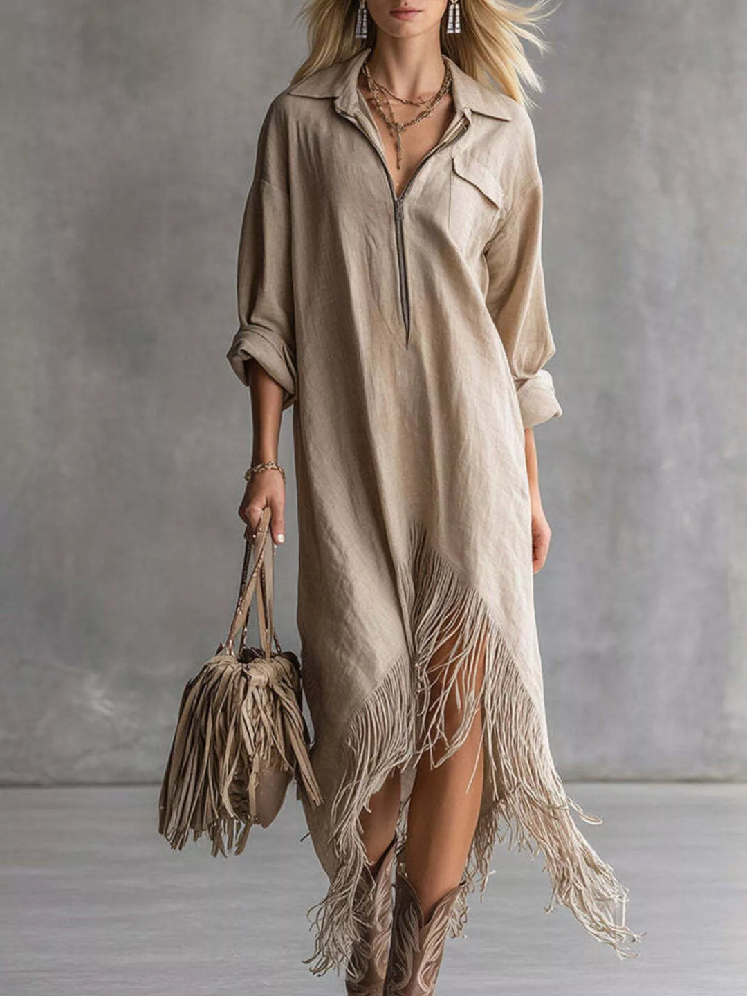 Khaki shirt dress front view with zip front