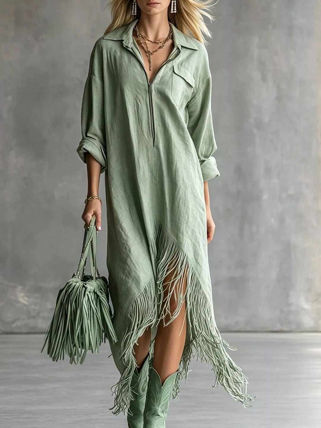 Sage shirt dress front view with zip front