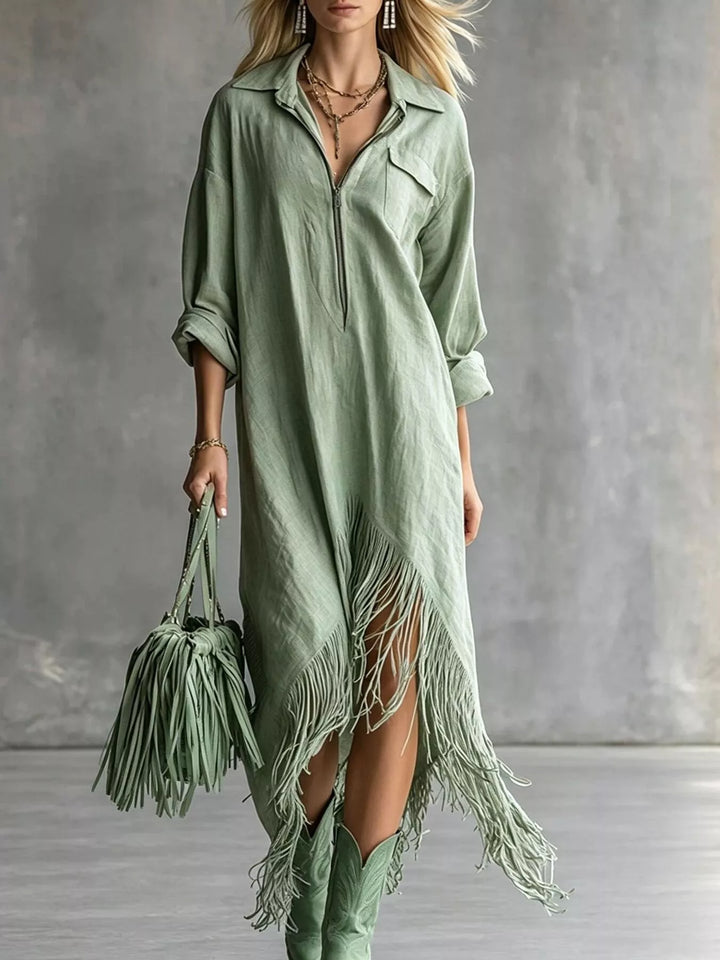 Sage shirt dress front view with zip front