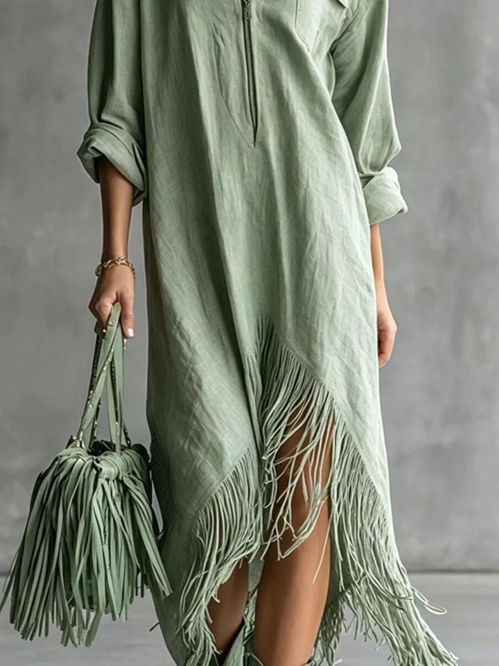 Sage shirt dress worn on a model, showing the zip front