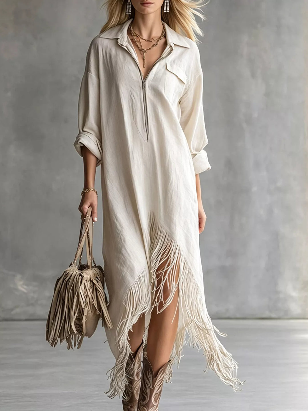 Women's shirt dress in white, fringe hem zip front midi shirt dress