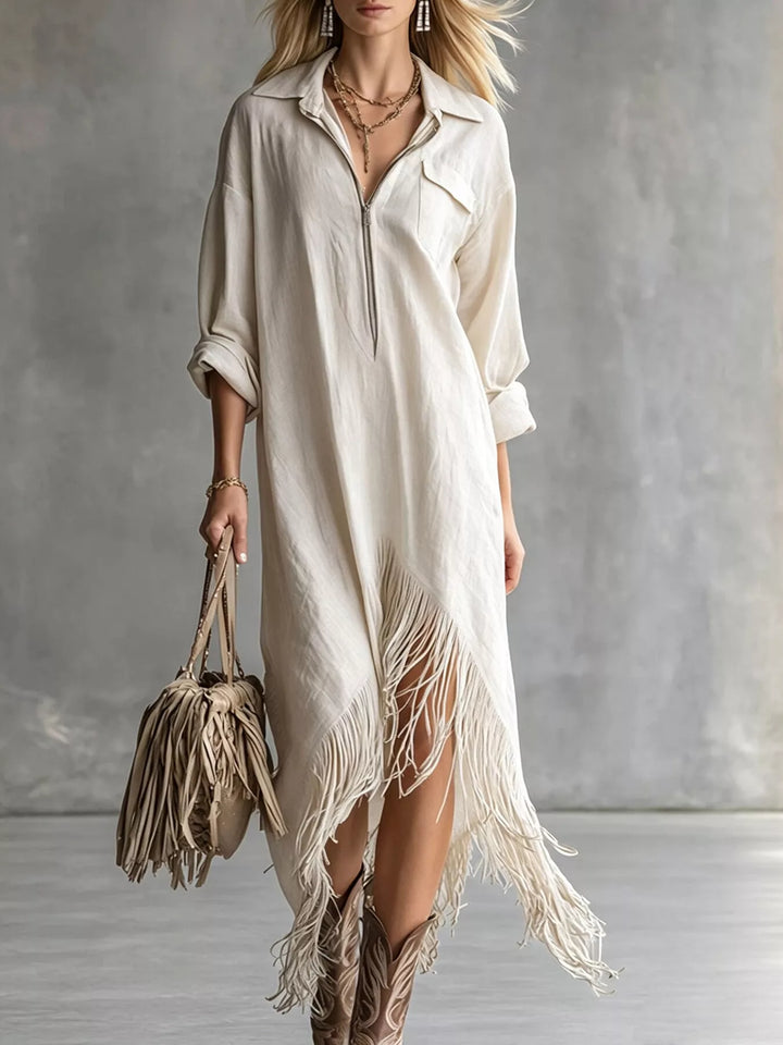 Women's shirt dress in white, fringe hem zip front midi shirt dress