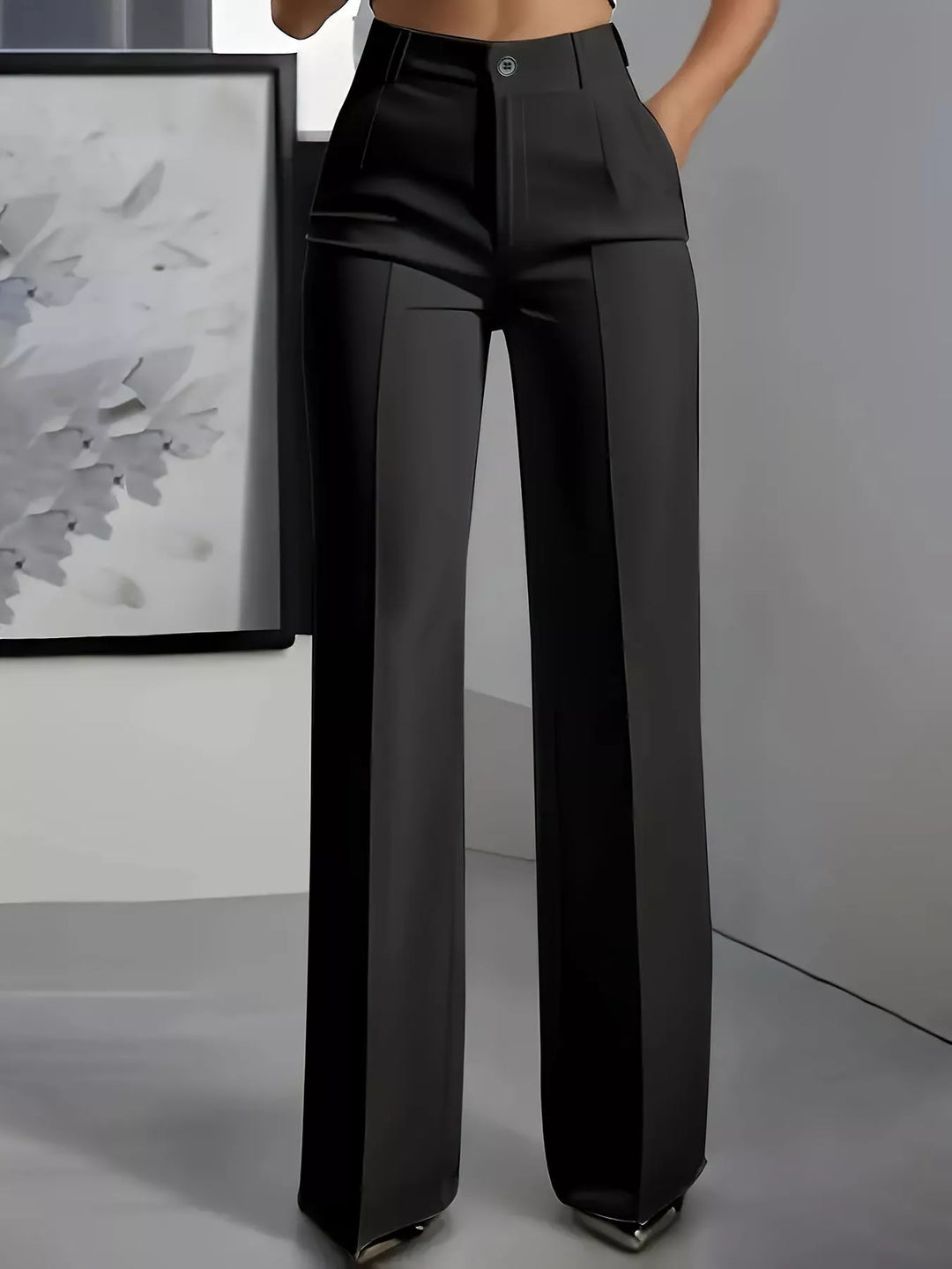 Black high waisted wide leg dress pants with front crease, front view
