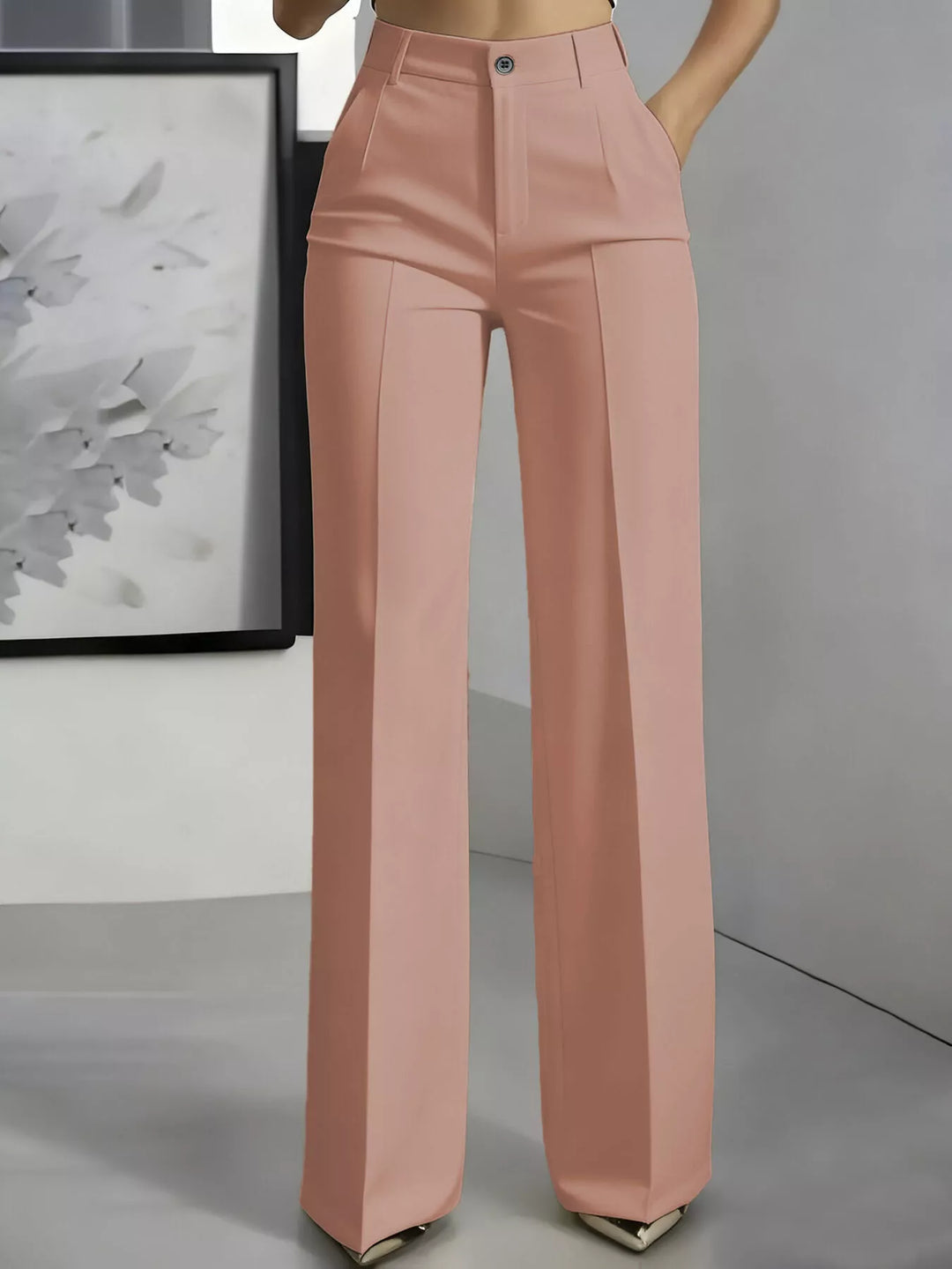 Blush pink high waisted wide leg dress pants with front crease, front view