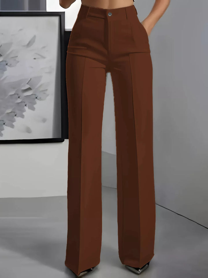 Chocolate high waisted wide leg dress pants with front crease, front view
