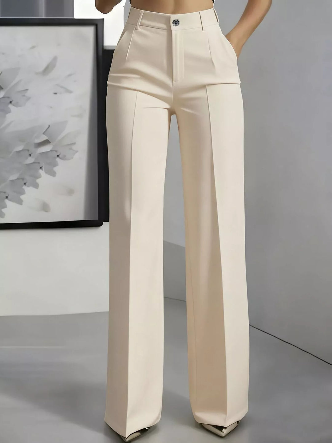 Cream high waisted wide leg dress pants with front crease, front view