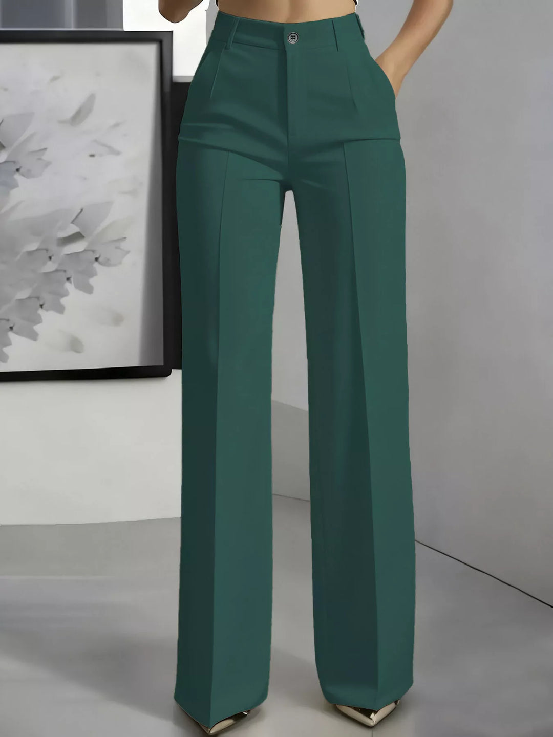 Forest green wide leg dress pants with high waist and front crease, front view