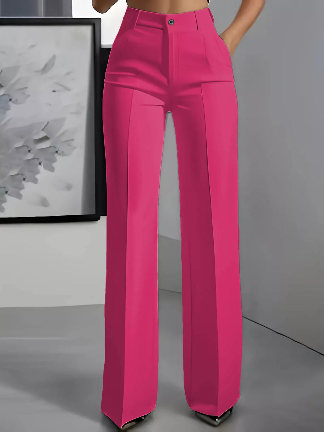 Hot pink high waisted wide leg dress pants with front crease, front view