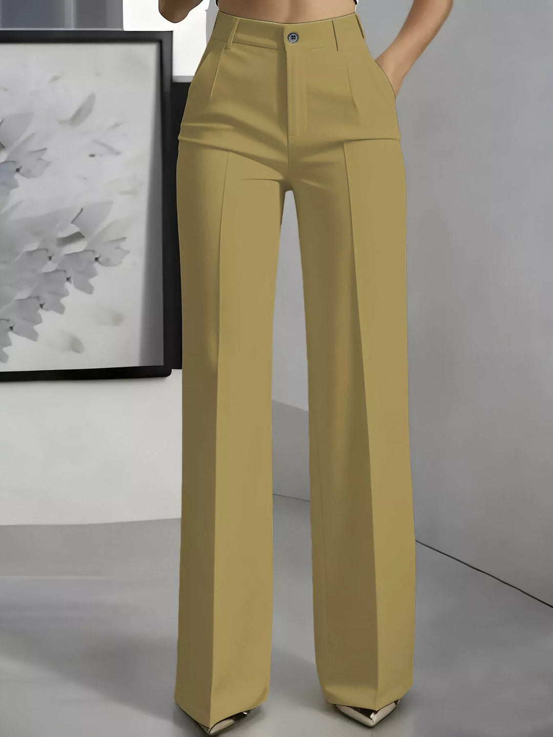 Khaki high waisted wide leg dress pants with front crease, front view