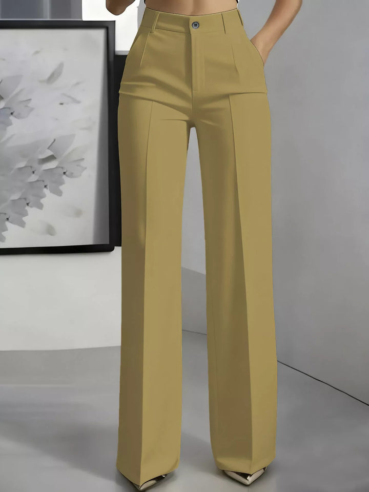 Khaki high waisted wide leg dress pants with front crease, front view