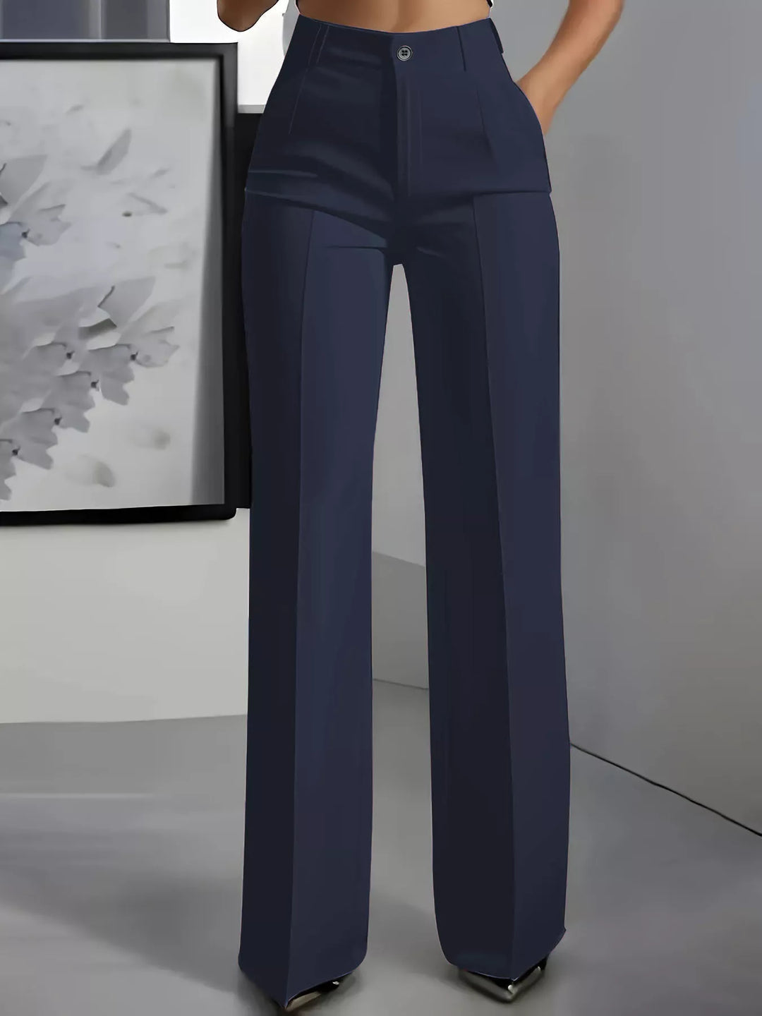 Navy high waisted wide leg dress pants with front crease, front view