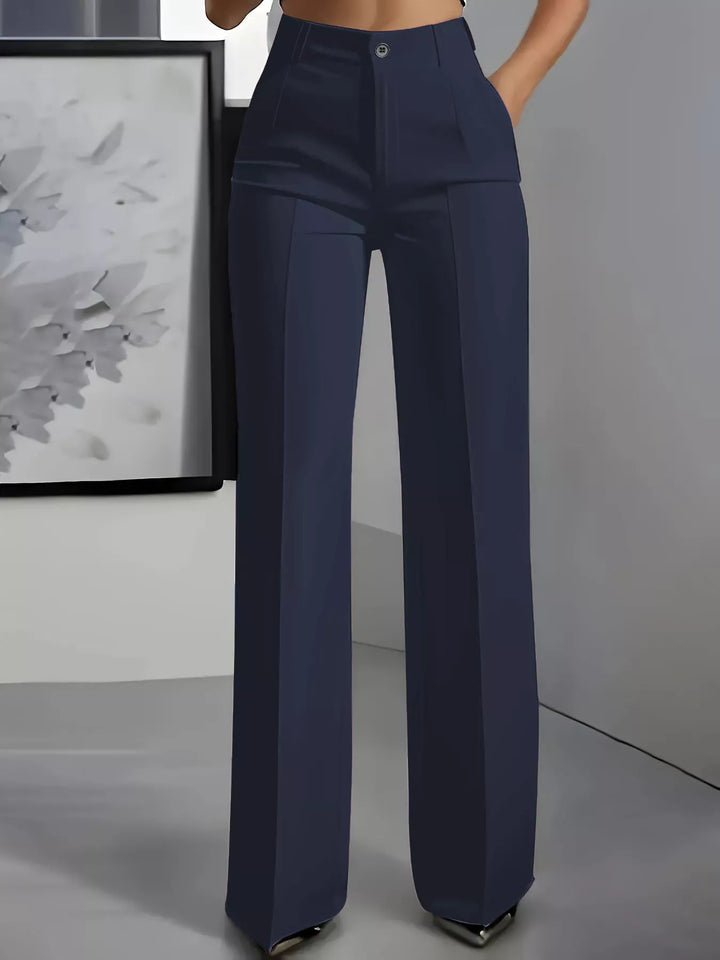 Navy high waisted wide leg dress pants with front crease, front view