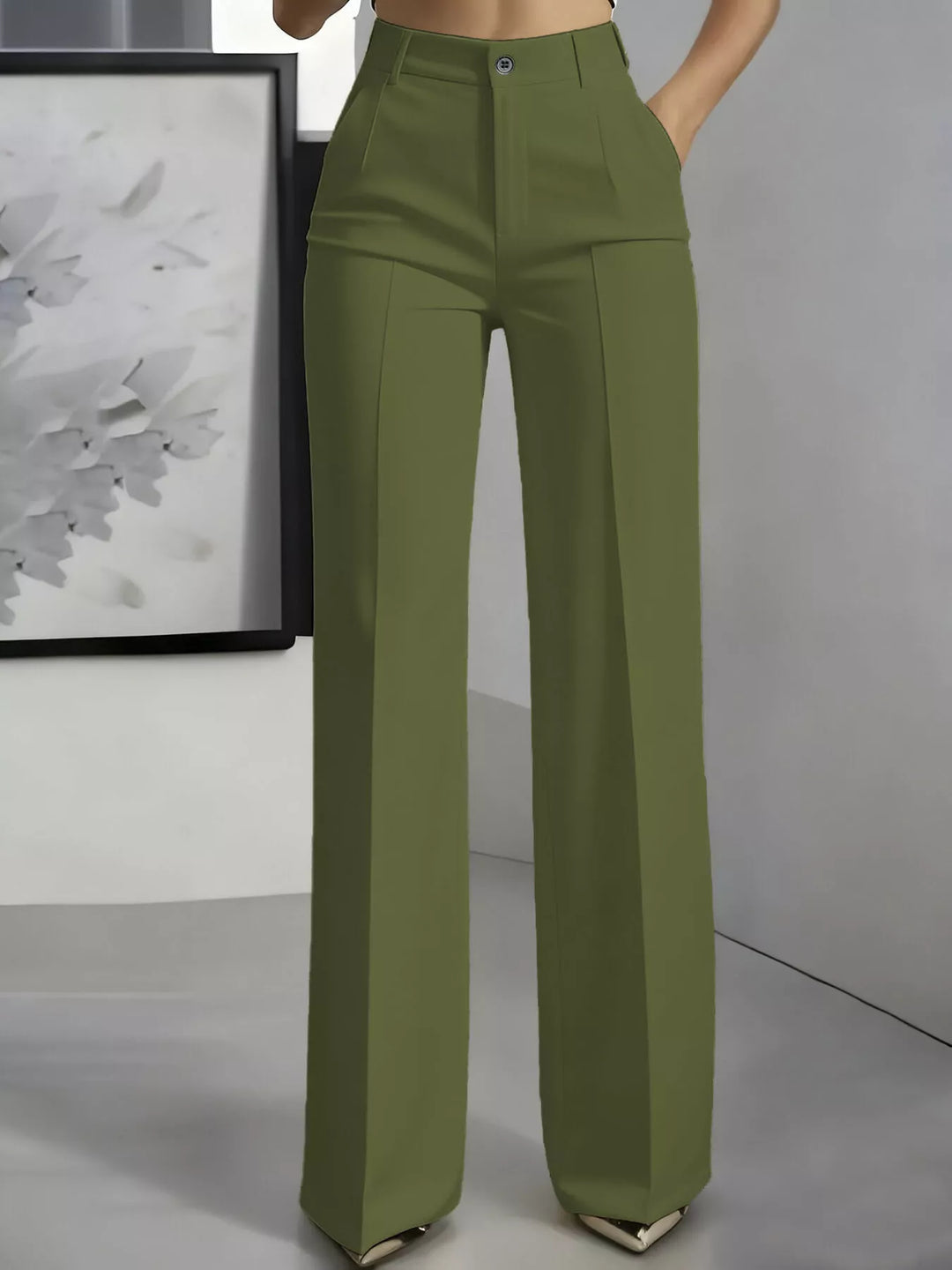 Olive high waisted wide leg dress pants with front crease, front view