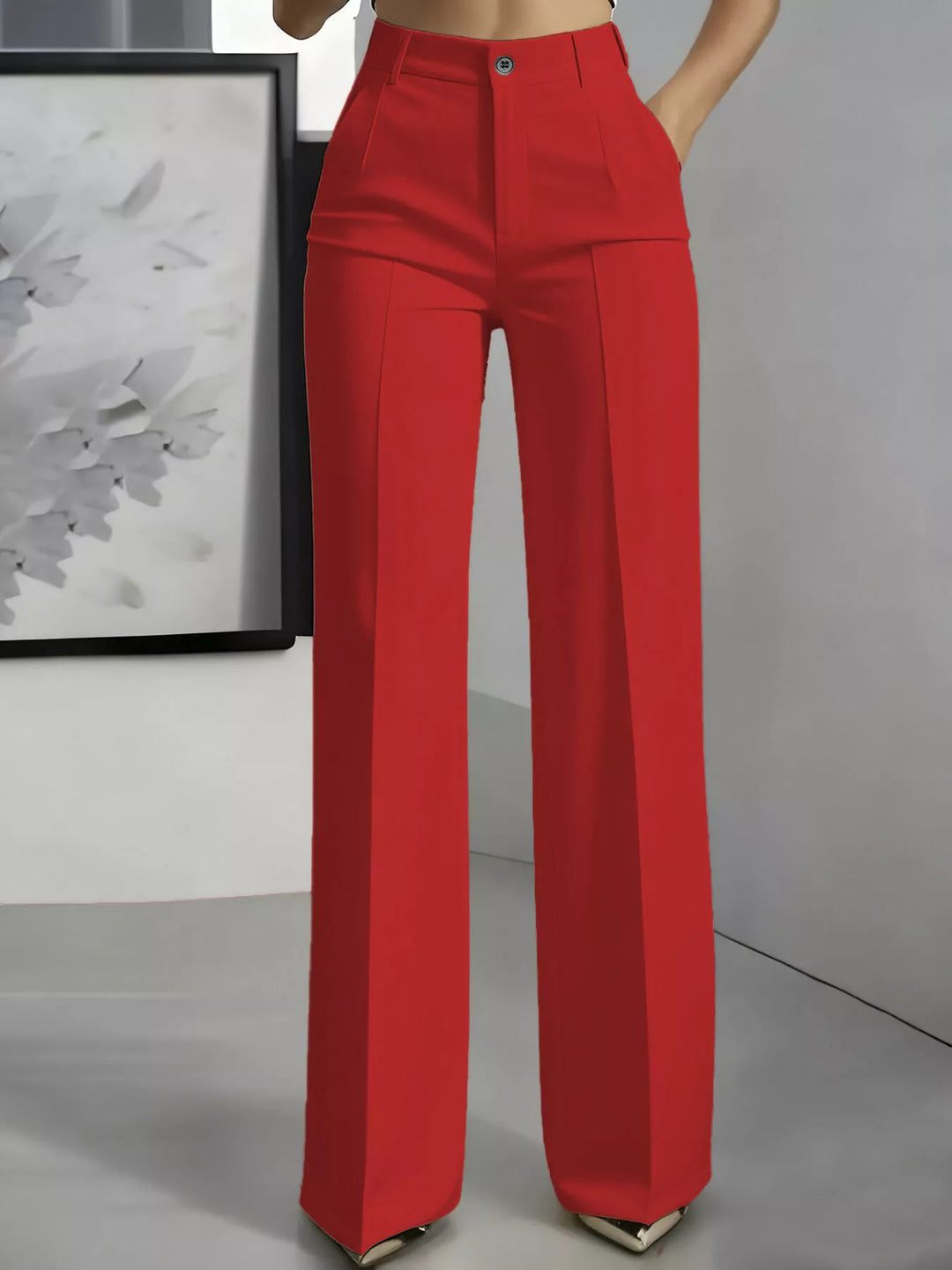 Red high waisted wide leg dress pants with front crease, front view