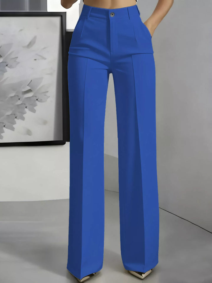 Royal blue high waisted wide leg dress pants with front crease, front view