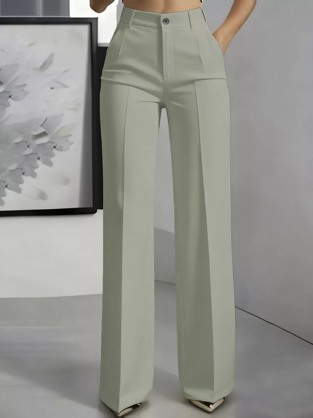 Sage gray wide leg dress pants with high waist and front crease, front view