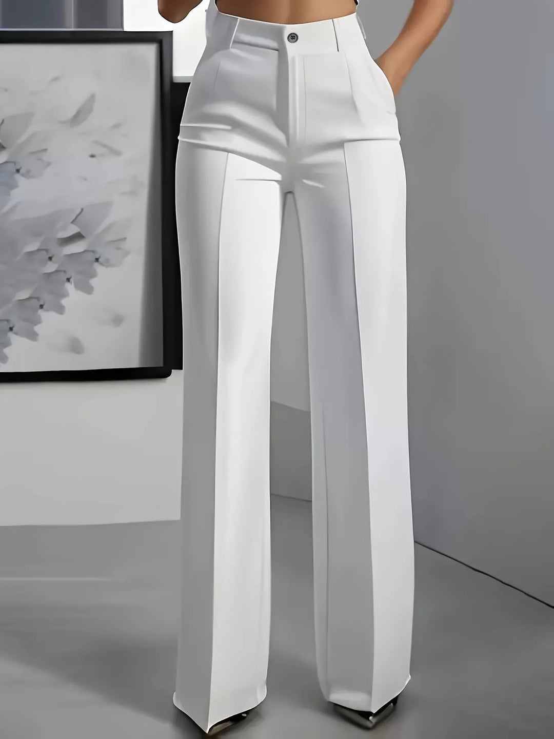 Women's white wide leg dress pants with high waist and front crease, front view