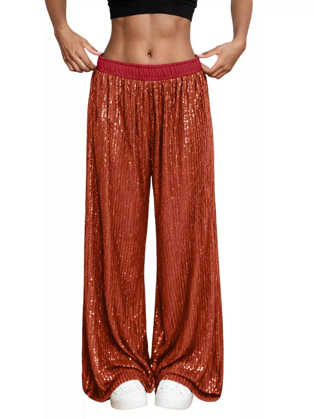 Rust sequin wide leg pants with elastic waist, front view