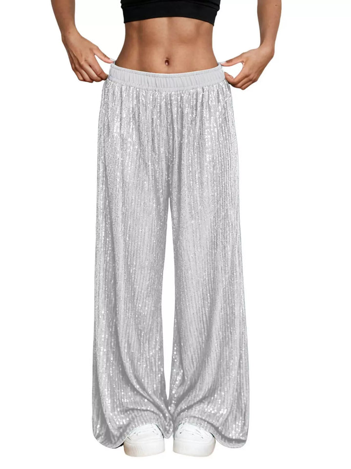 Silver sequin wide leg pants with elastic waist, front view