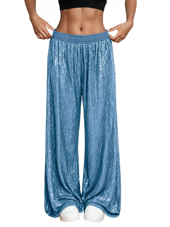 Sky blue sequin wide leg pants with elastic waist, front view