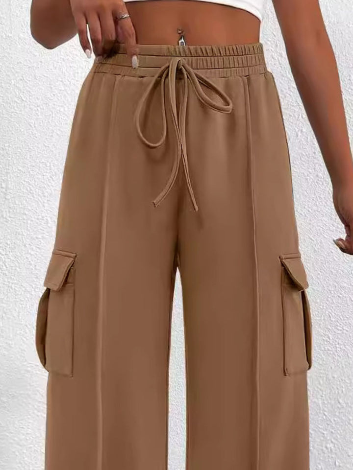 Close-up of the women's mocha cargo pockets and drawstring waist