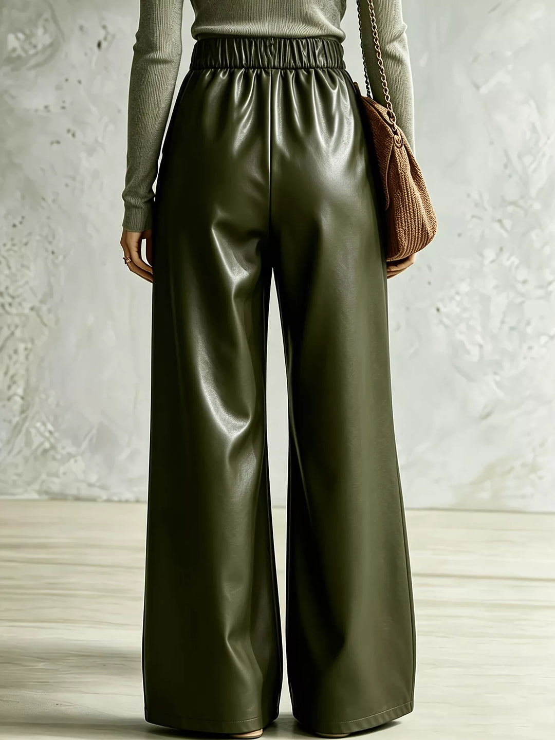 Back view of army green wide leg pants with elastic waistband