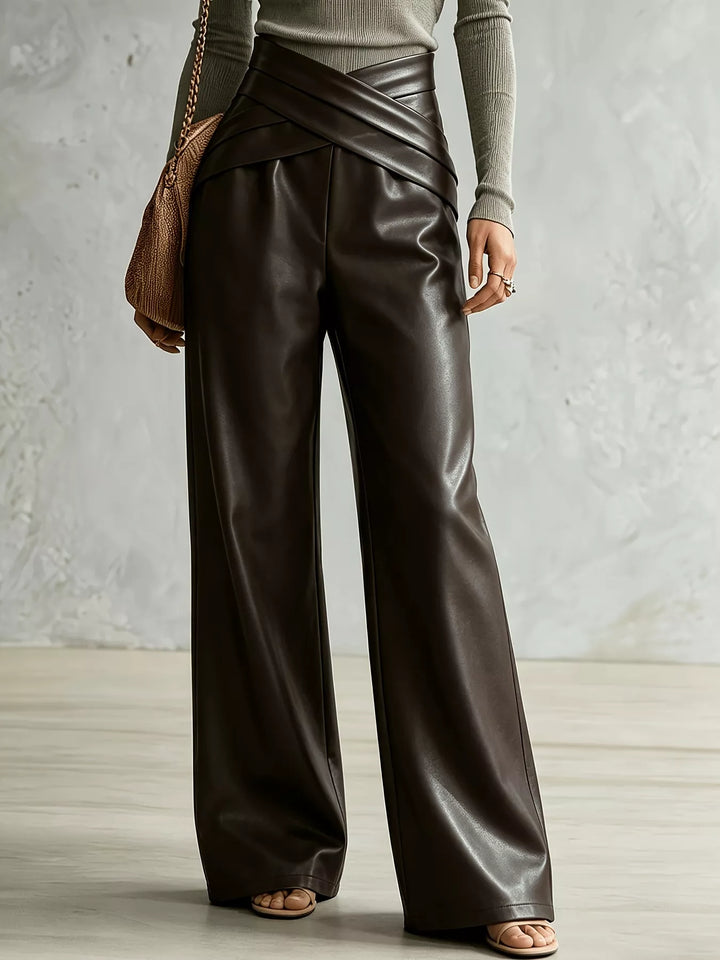 Brown wide leg pants with a crossover waist, full front view on model