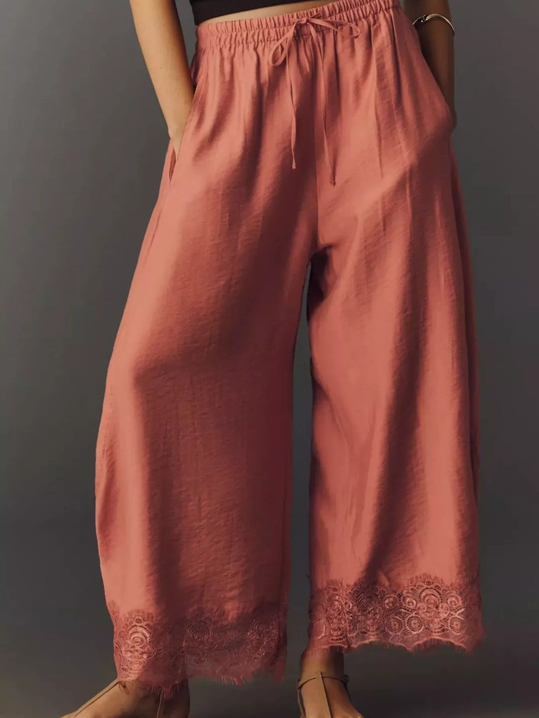 Burnt coral wide leg pants with drawstring waist, front view