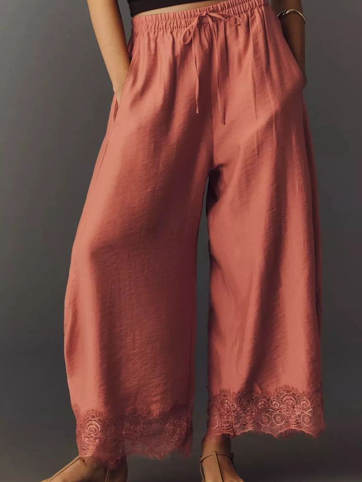 Burnt coral wide leg pants with drawstring waist, front view