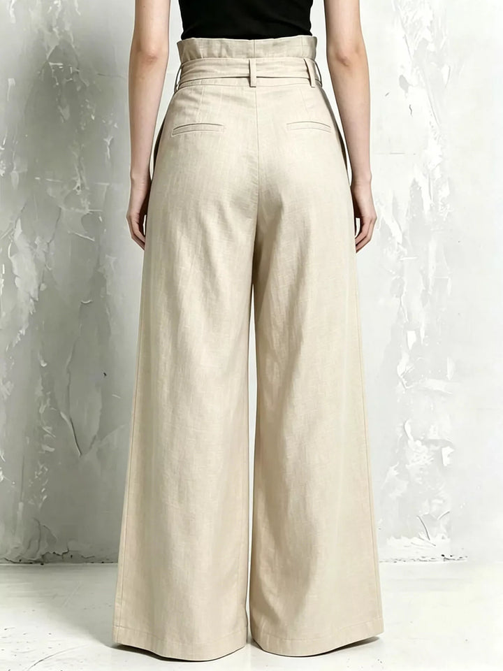 Back view of the beige wide leg pants with high waist
