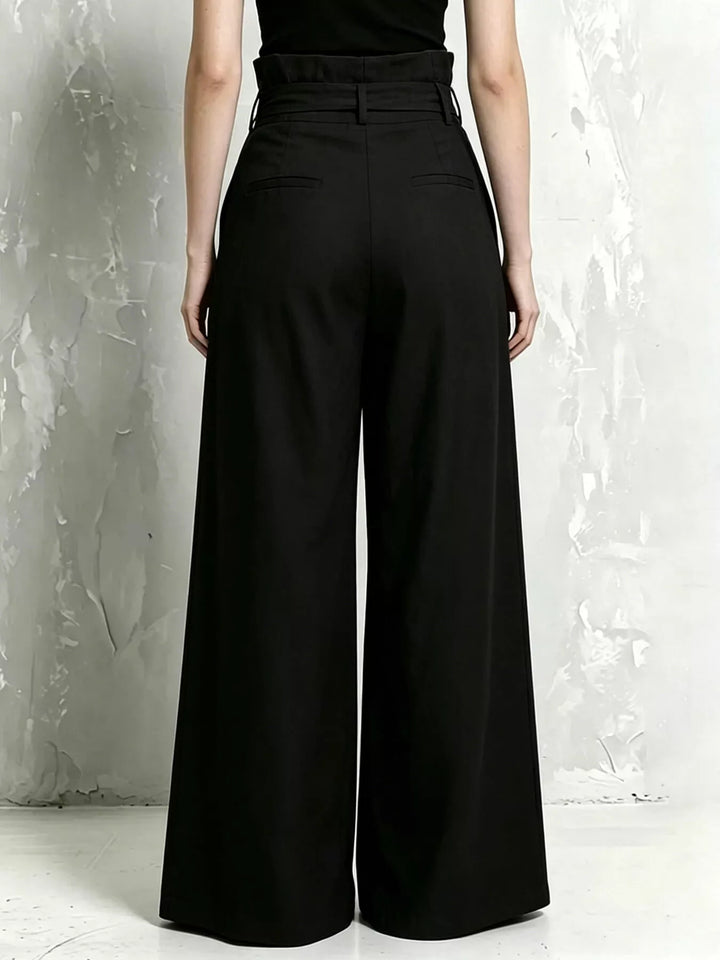 Back view of the black high waist wide leg pants with smooth fit