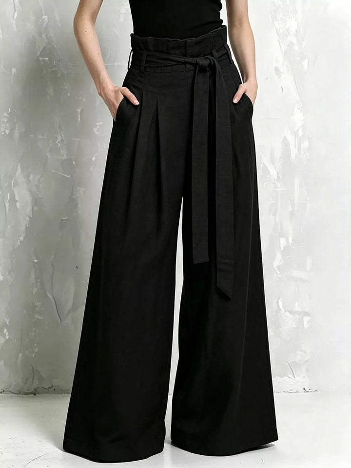 Black paperbag wide leg pants with tie belt, high waist front view