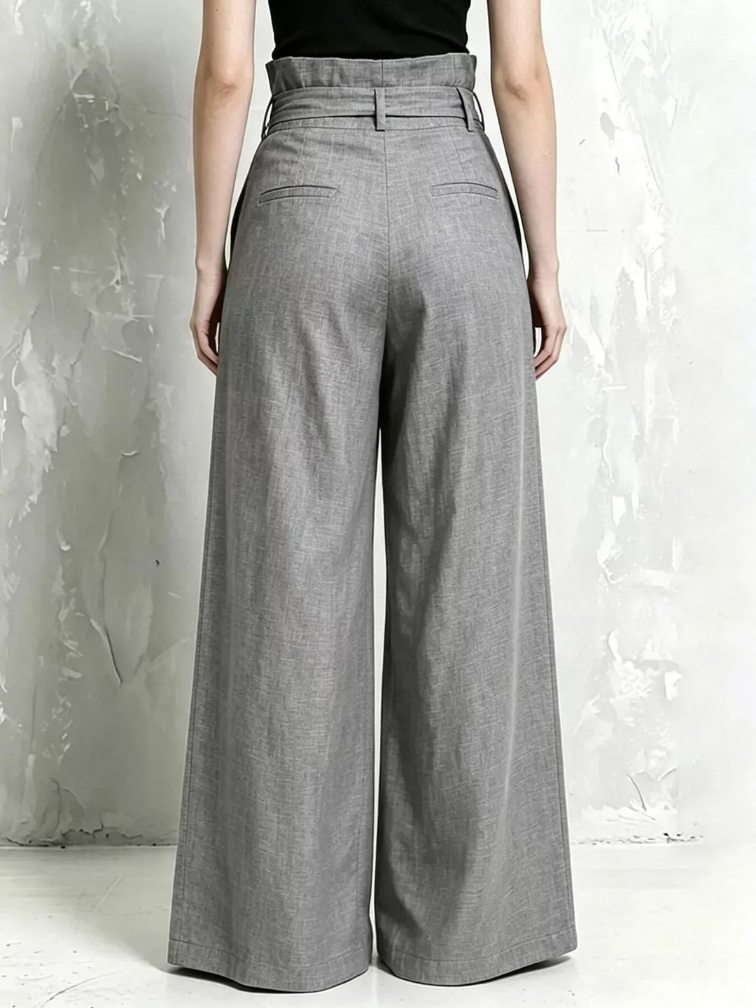 Back view of the gray high waist wide leg pants