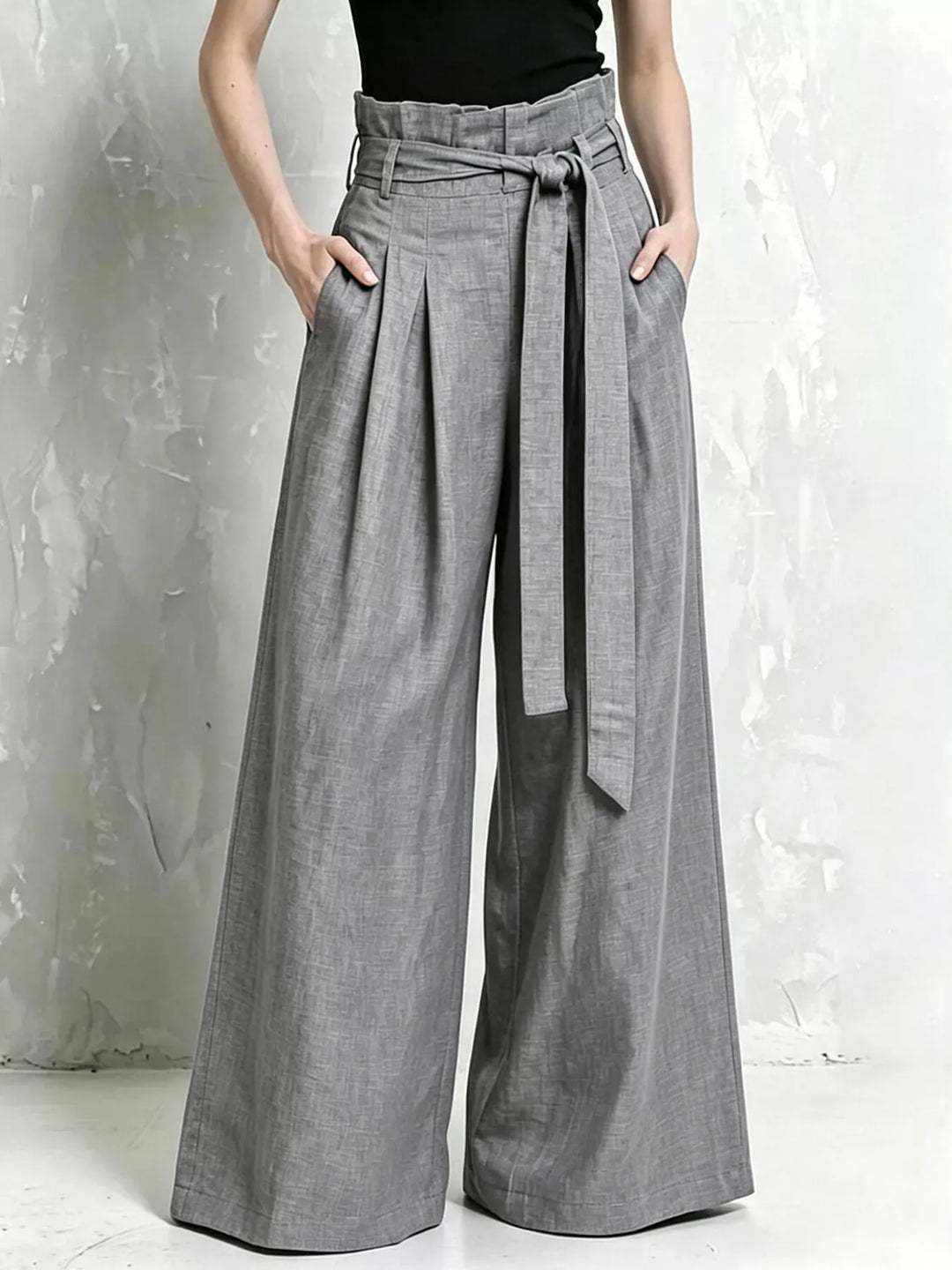 Women's gray wide leg pants, high waist paperbag style with tie belt and pleats