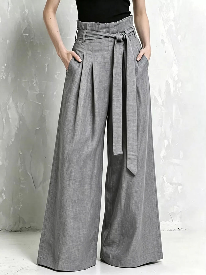 Women's gray wide leg pants, high waist paperbag style with tie belt and pleats