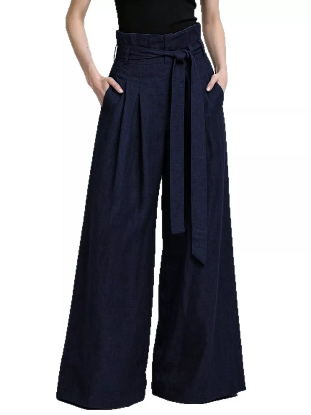 Navy wide leg pants back view on a plain white background