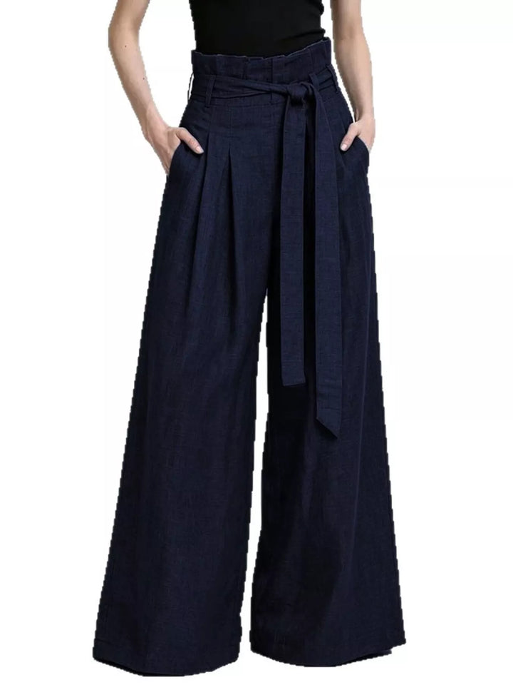 Navy wide leg pants back view on a plain white background
