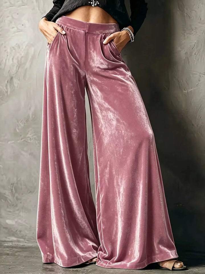 Women's wide leg pants in dusty rose, high waisted with a shiny velvet-look finish